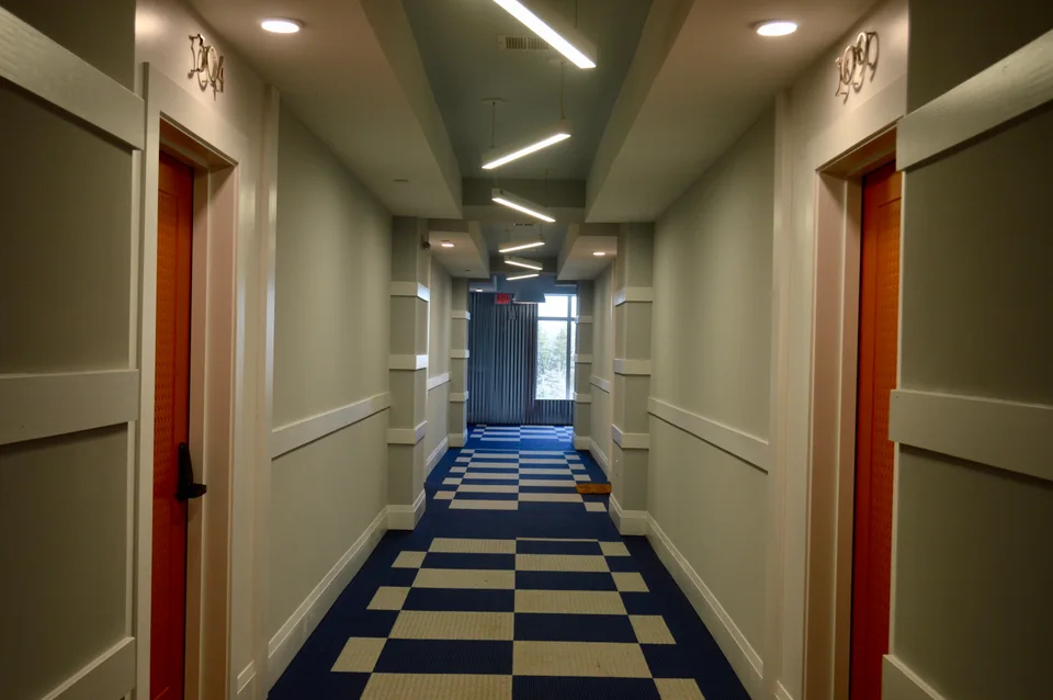 Interior corridor with repeated door openings, contrasting wood casing and wall trim.