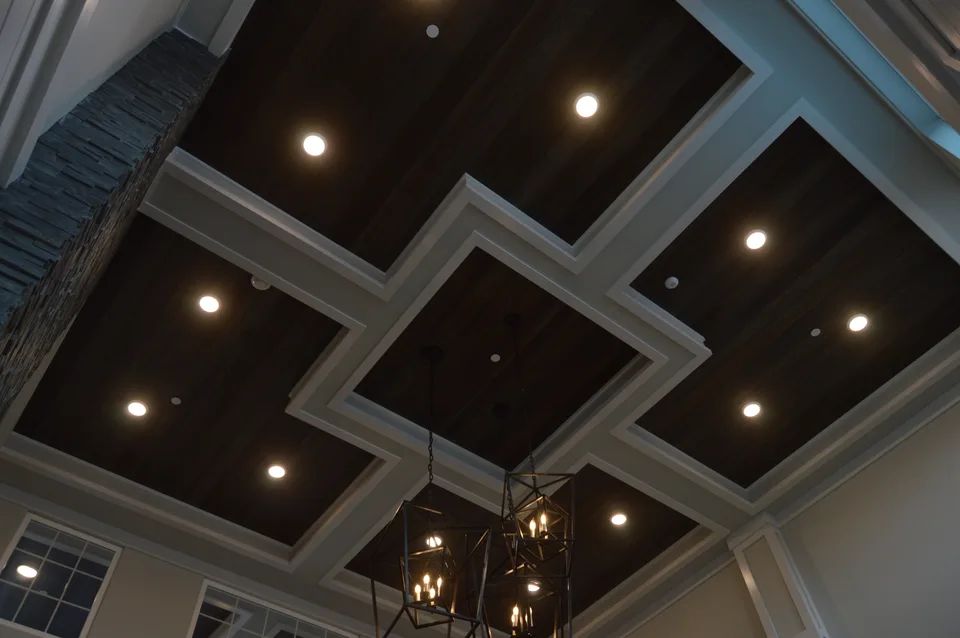 Coffered ceiling with contrasting dark panels, white trim and recessed lights.