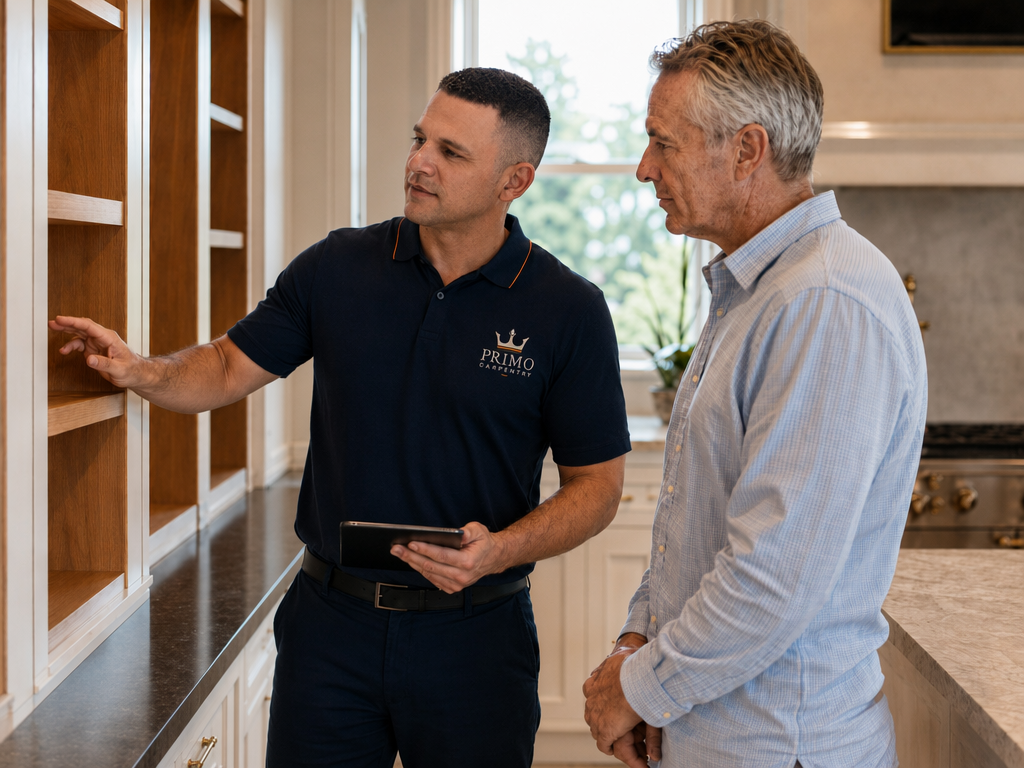 Primo Carpentry team meeting with a homeowner in Ridgefield, CT to plan a custom finish carpentry project