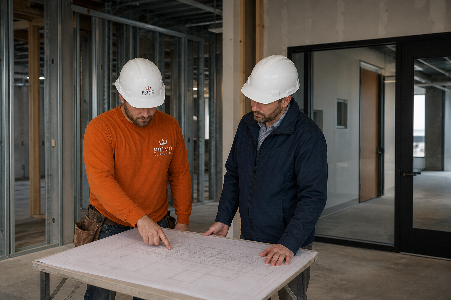 Commercial carpentry team reviewing project plans on a work table