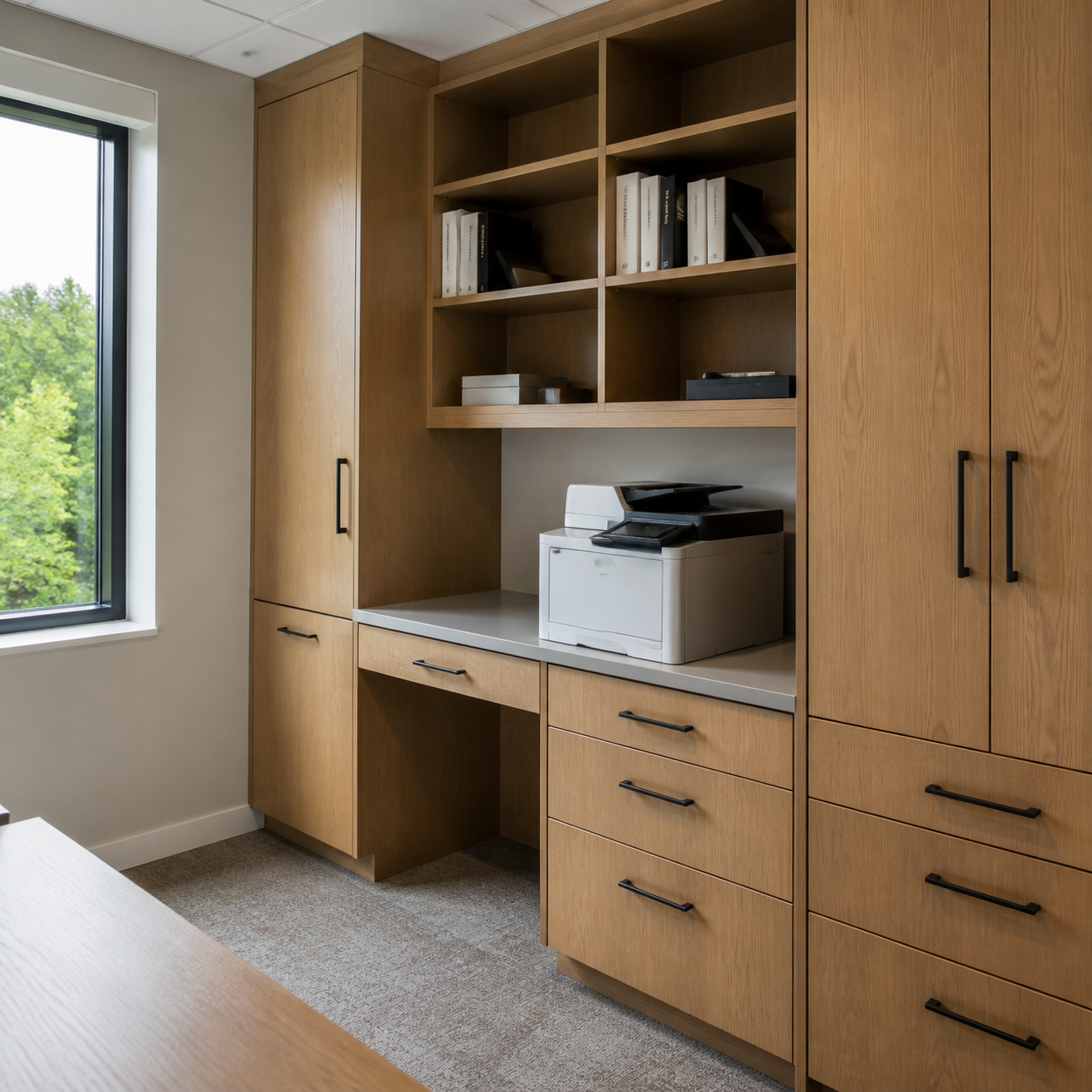 Commercial office workroom with fitted cabinetry, counters and built-in storage