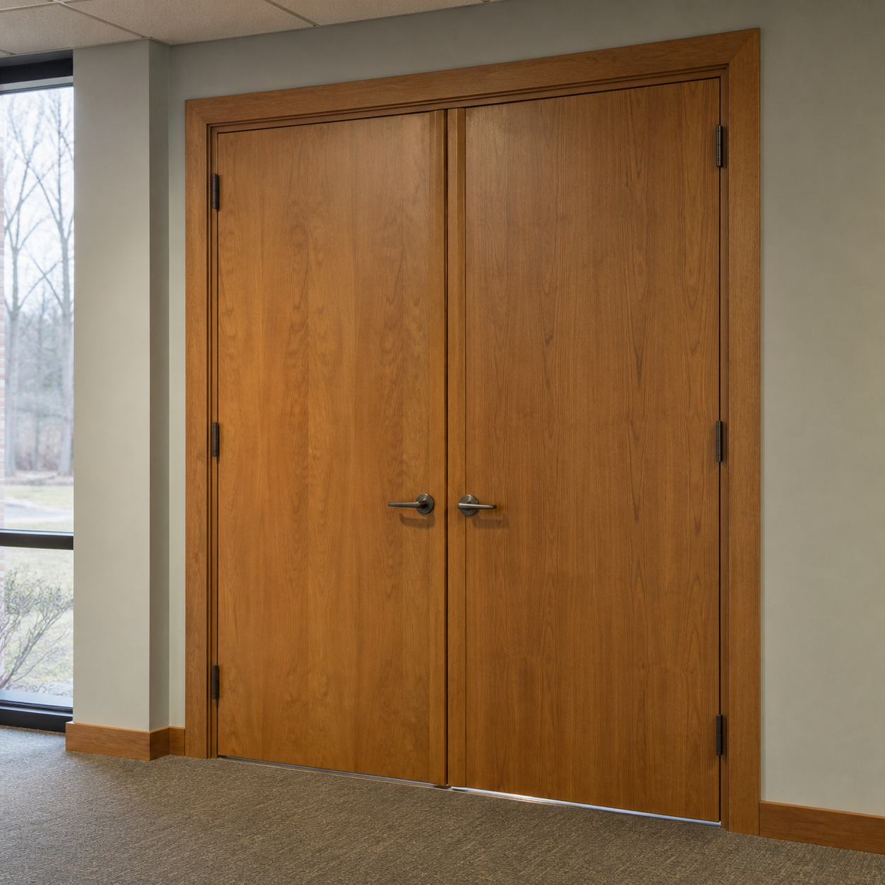 Commercial meeting-room double doors with coordinated frames and hardware