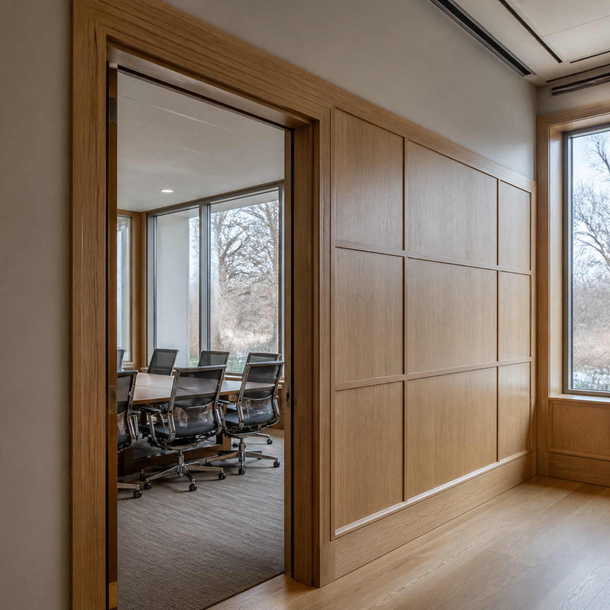 Commercial conference-area threshold with coordinated wood trim and millwork