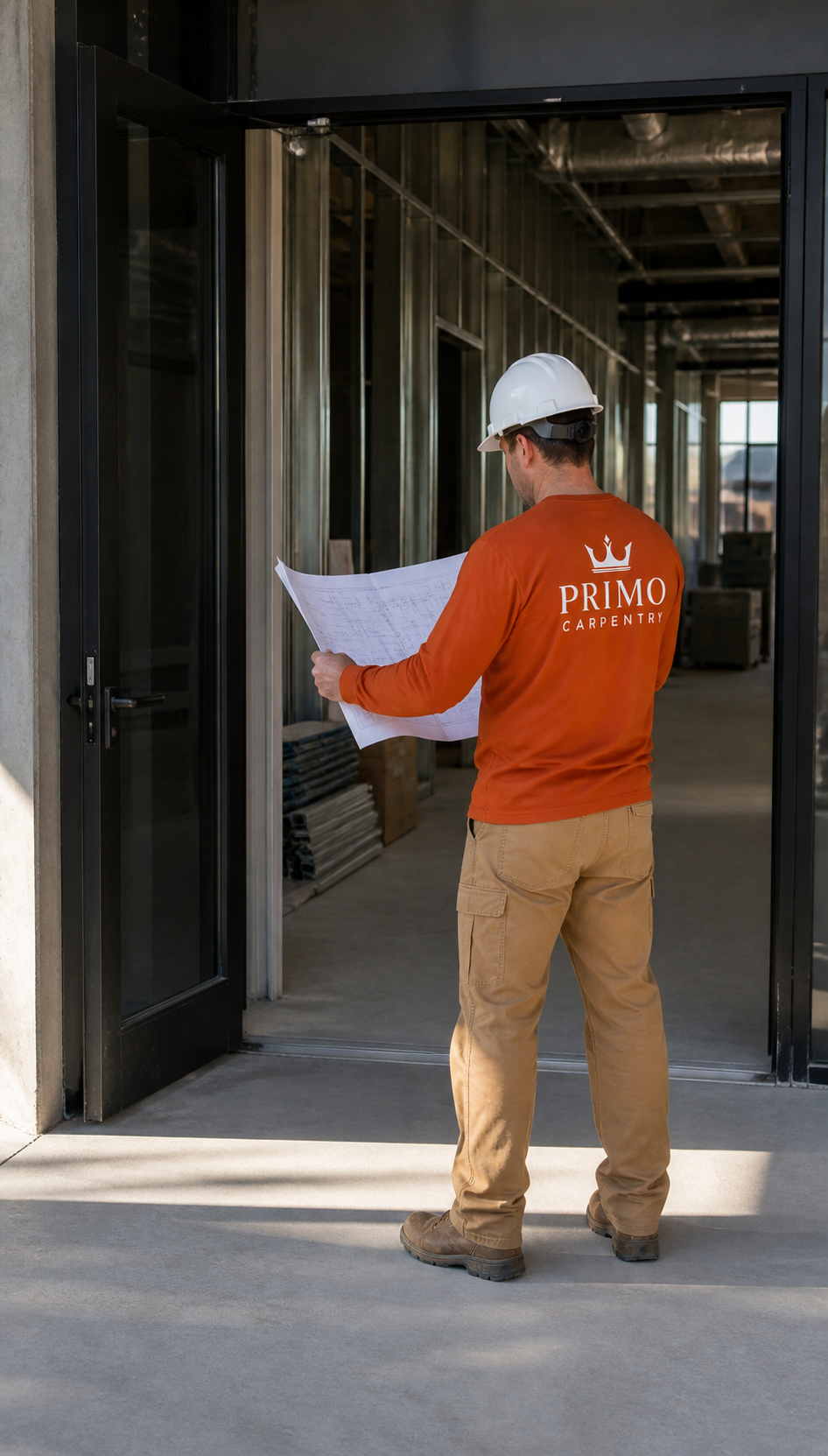 Commercial carpenter reviewing project plans at a controlled-access worksite entrance