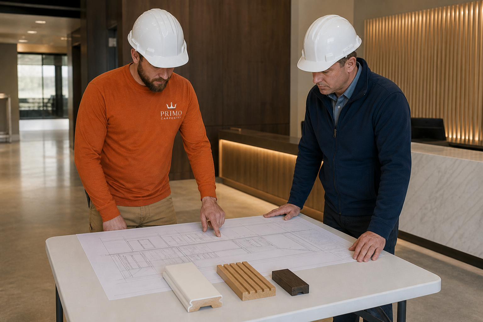 Commercial millwork elevation and wood-profile samples under review