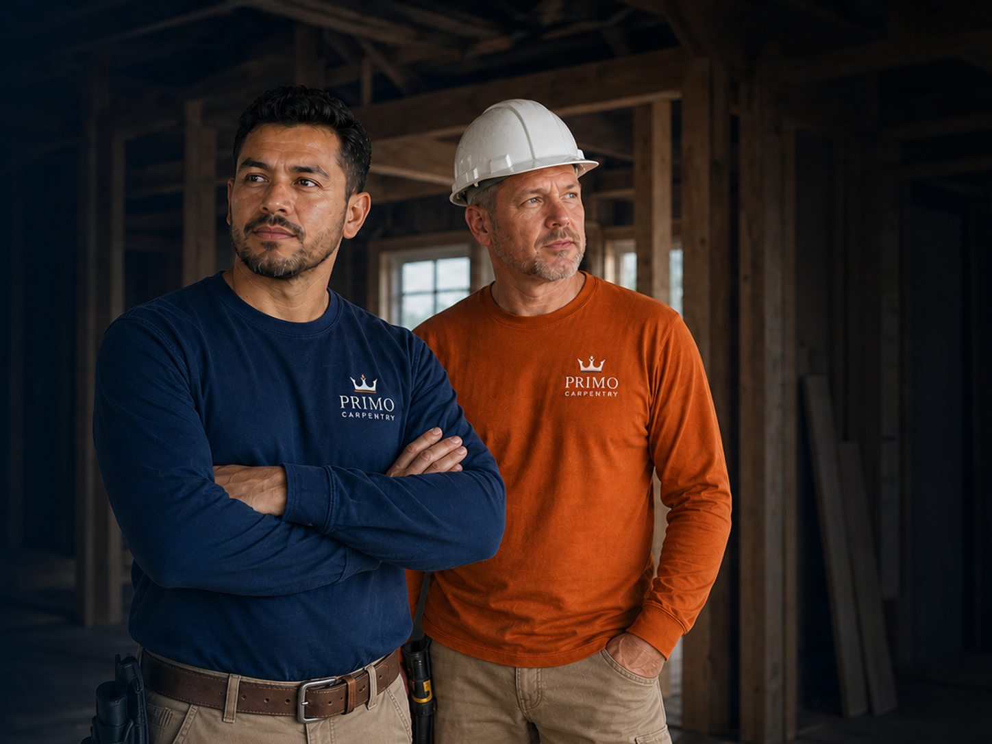 Two Primo Carpentry team members in residential blue and commercial copper uniforms at a framed construction interior