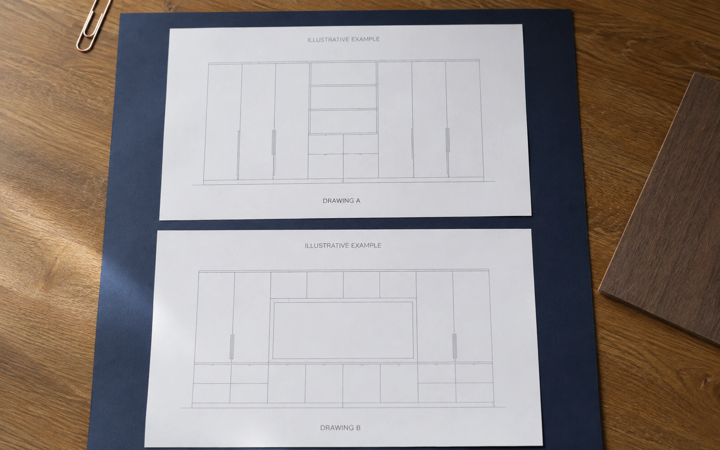 Two cabinet drawings marked illustrative example on a navy presentation mat.