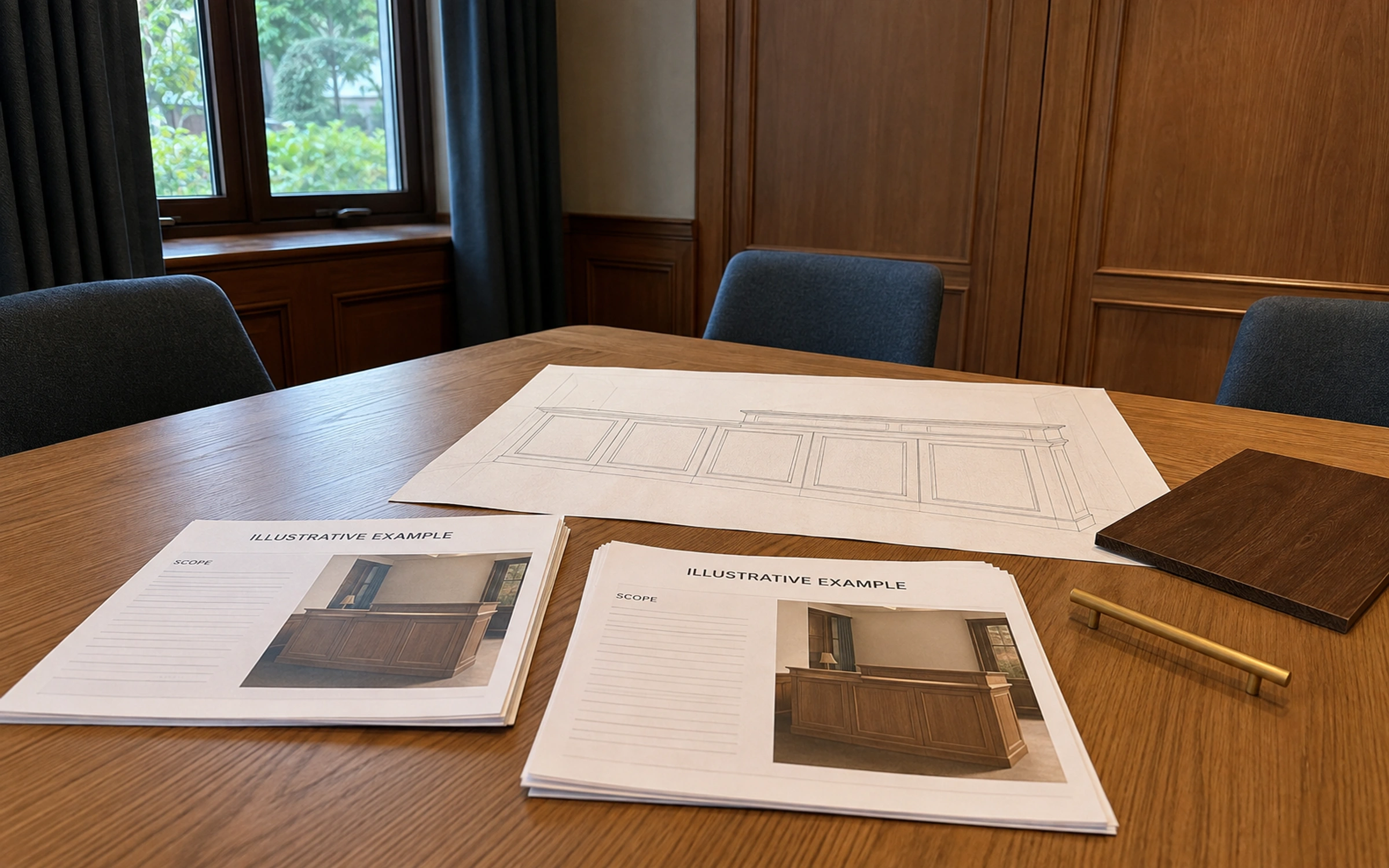 Illustrative carpentry proposals, drawings and material samples.