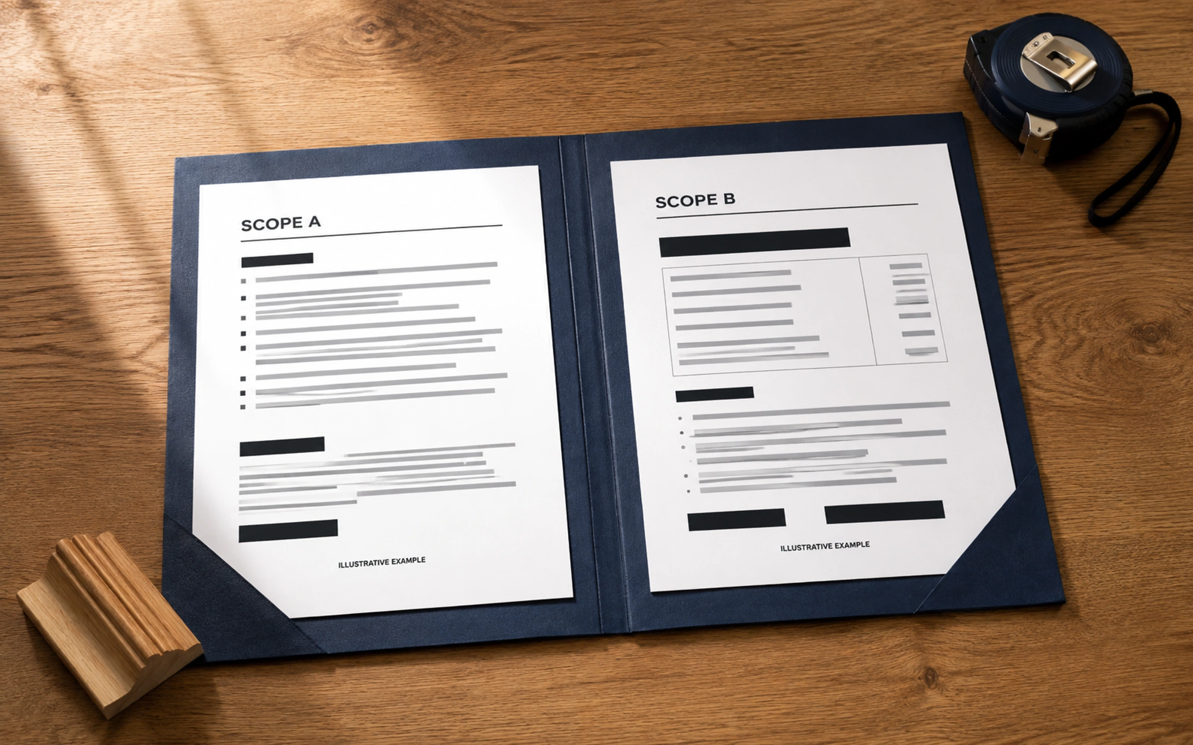 Two illustrative scope documents beside a wood trim sample and measuring tape.