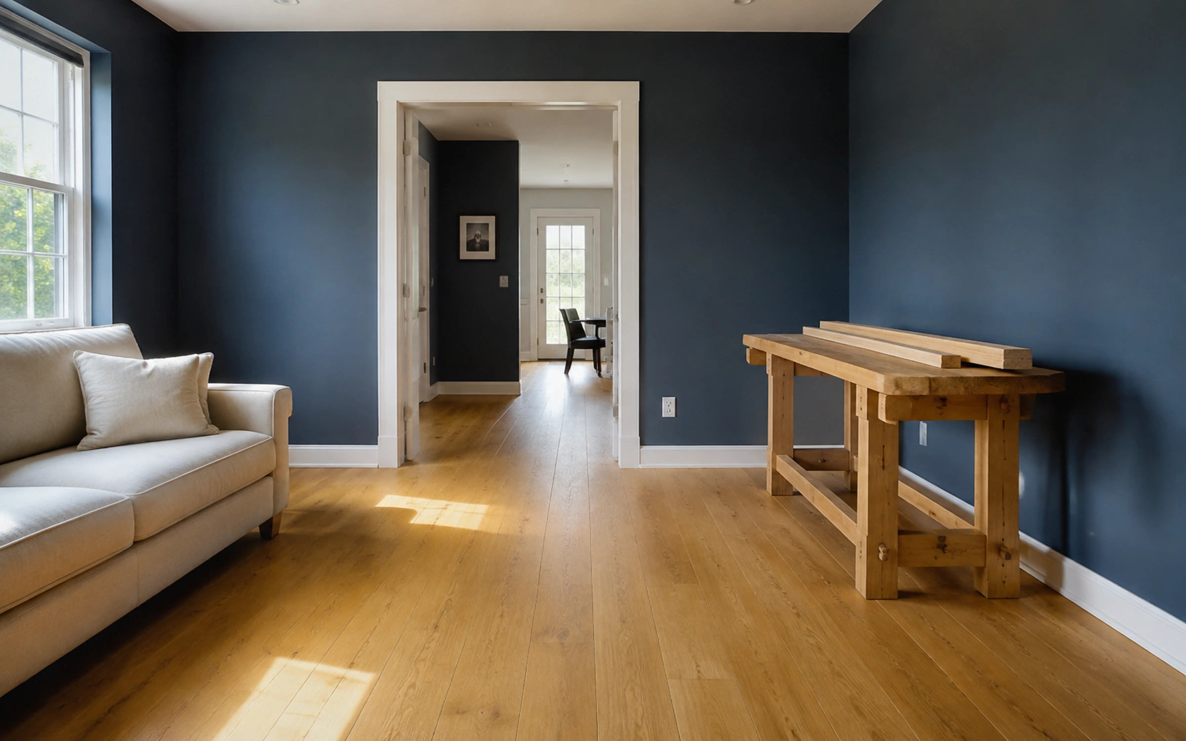 Living room with a sofa, open floor route and a separate workbench holding wood boards.