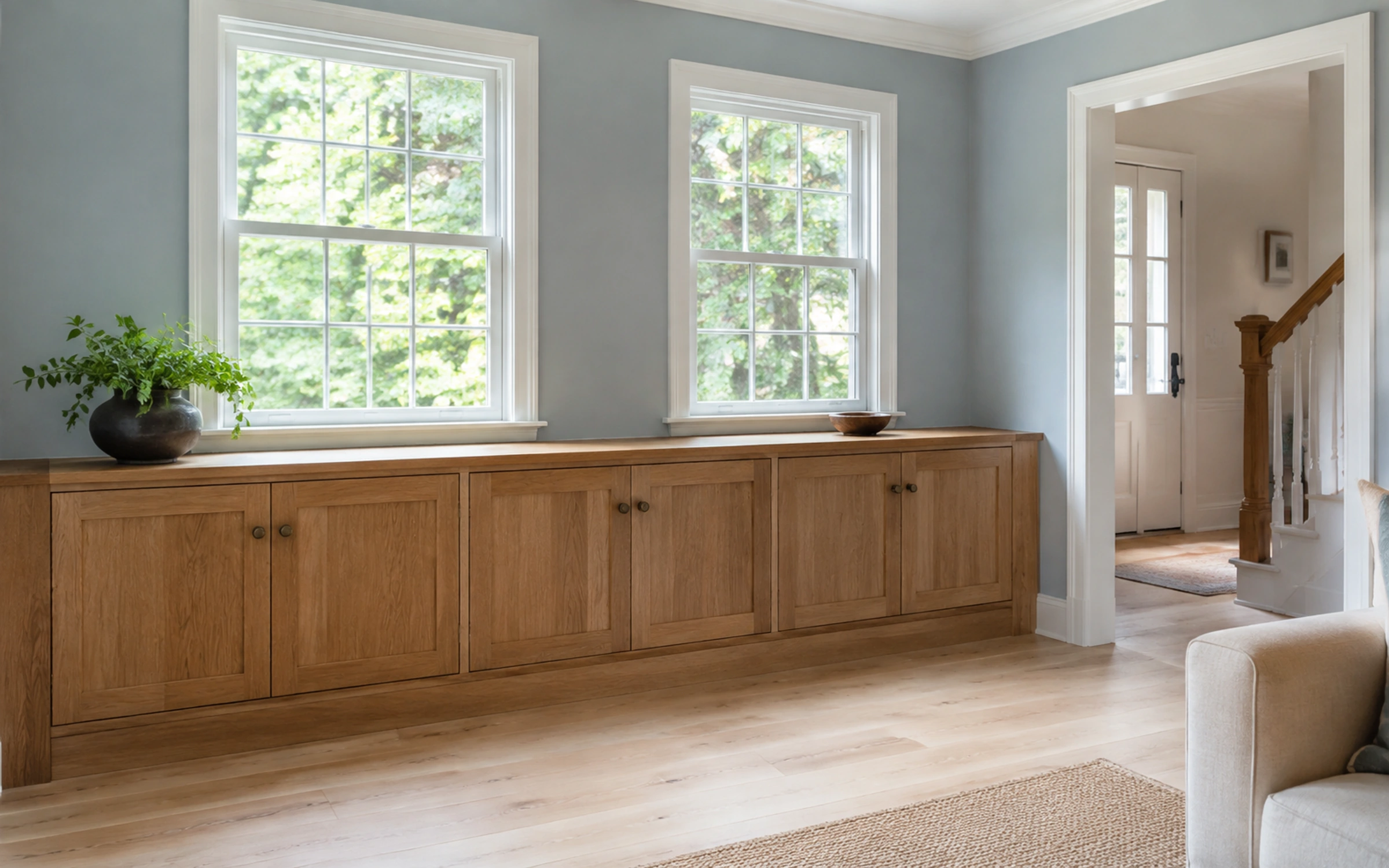 Low oak cabinetry beneath two windows beside an open doorway.