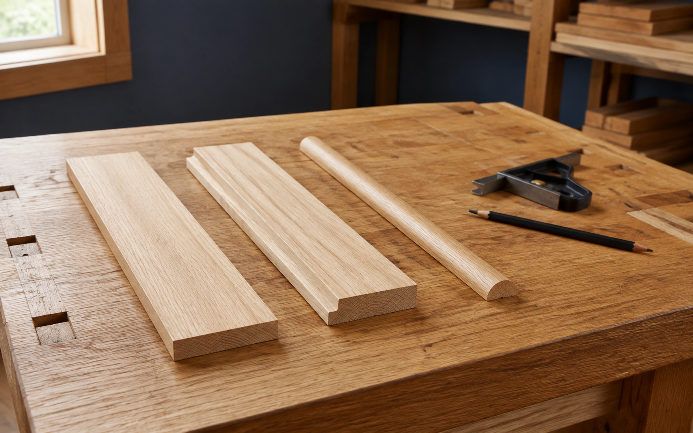 Three unfinished wood trim profiles on a carpenter’s workbench beside a pencil and square.