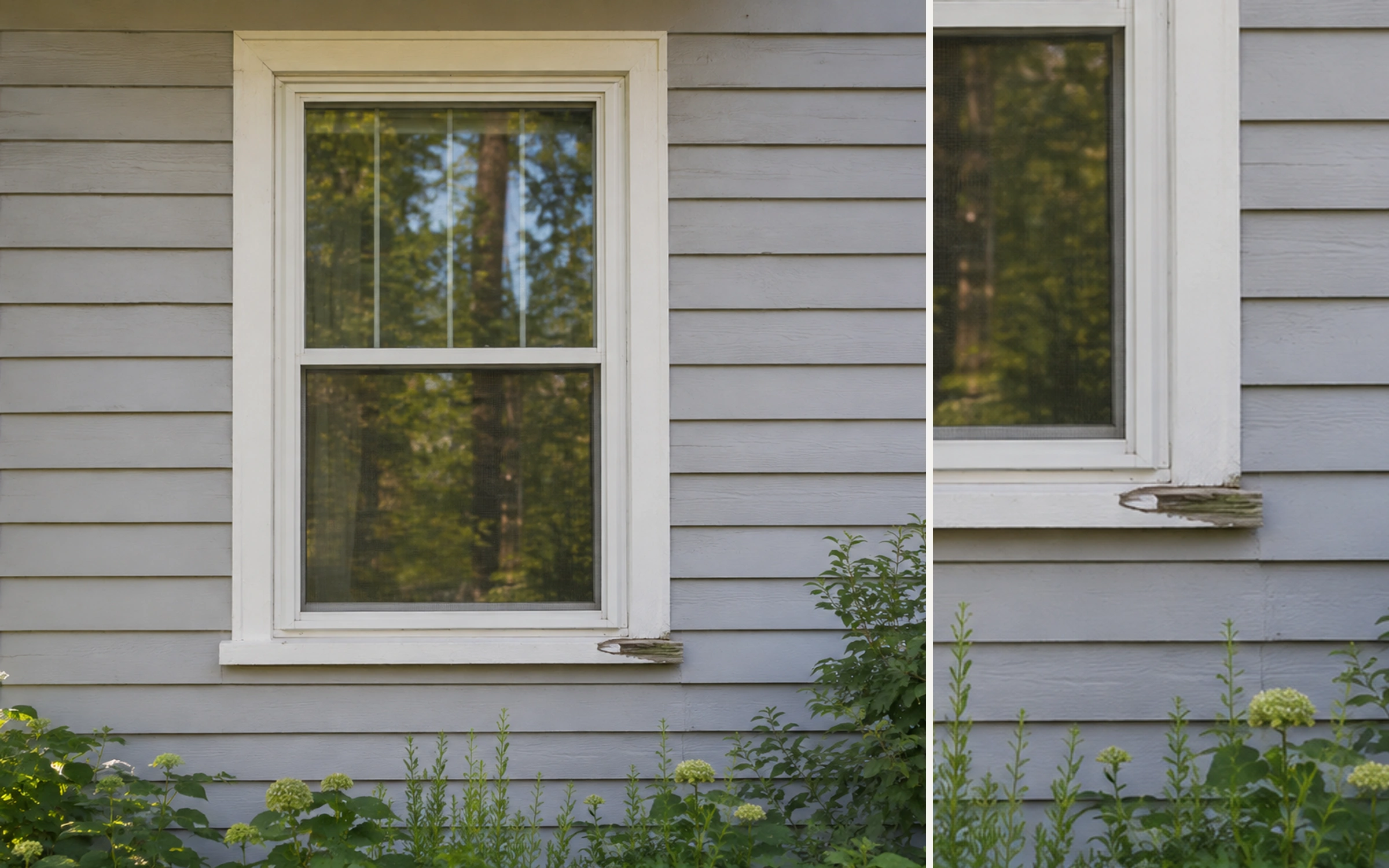 Paired general view and detail of a window sill with localized visible wear.