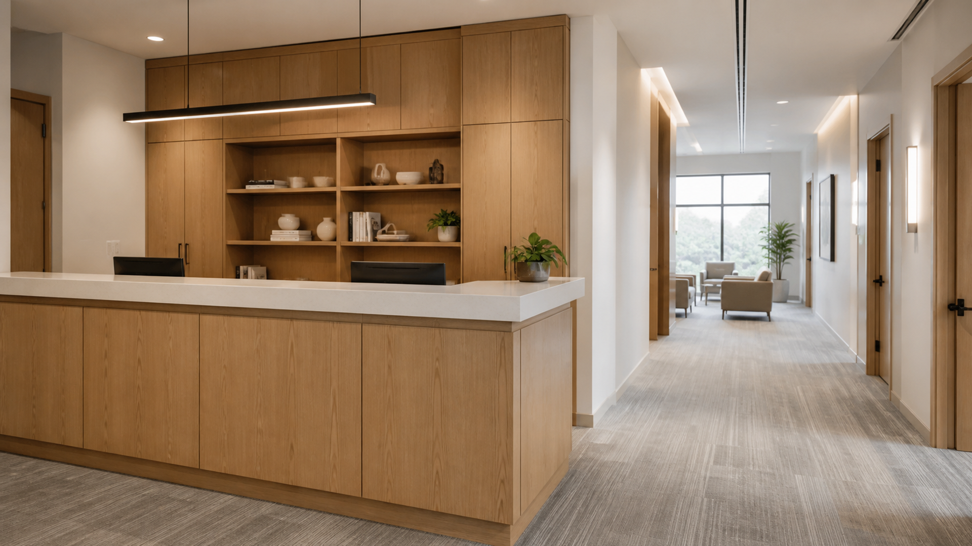 Commercial reception with full-height wood cabinetry, open shelving and fitted counter