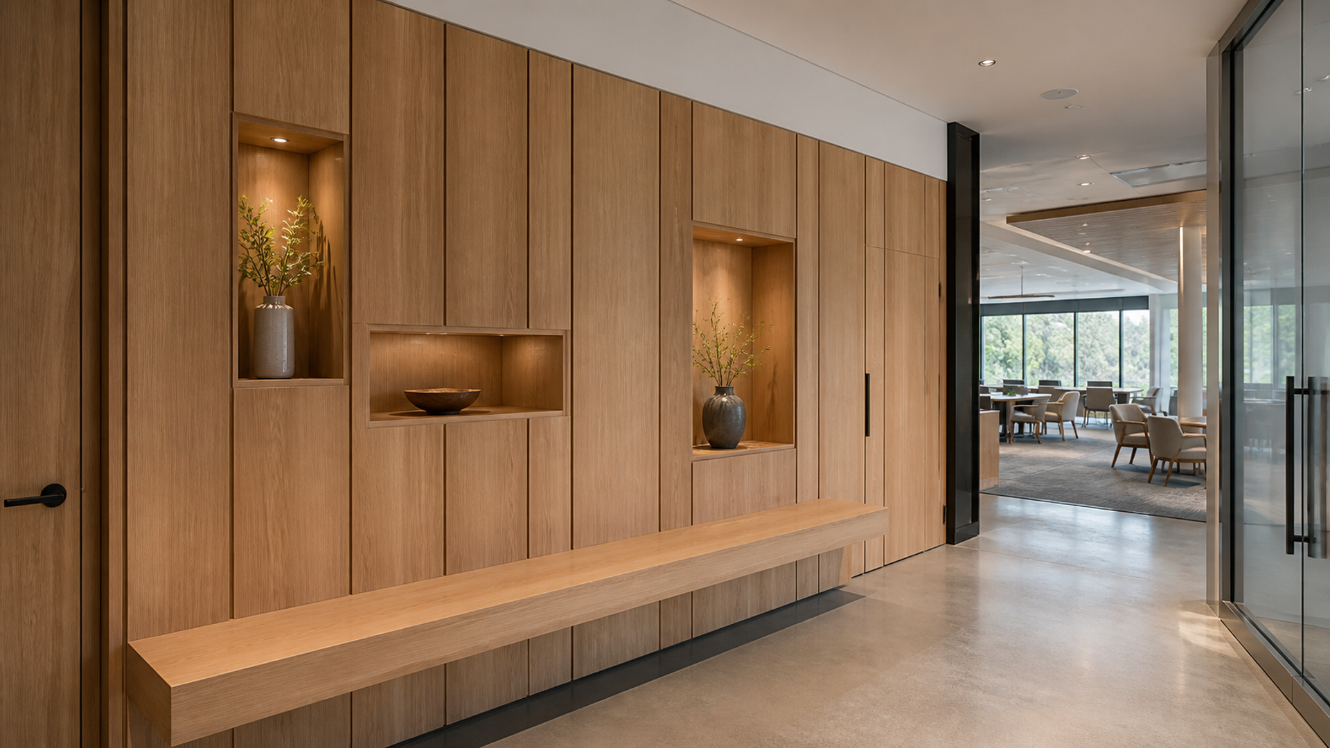 Commercial interior with custom wood feature wall, illuminated niches and integrated bench