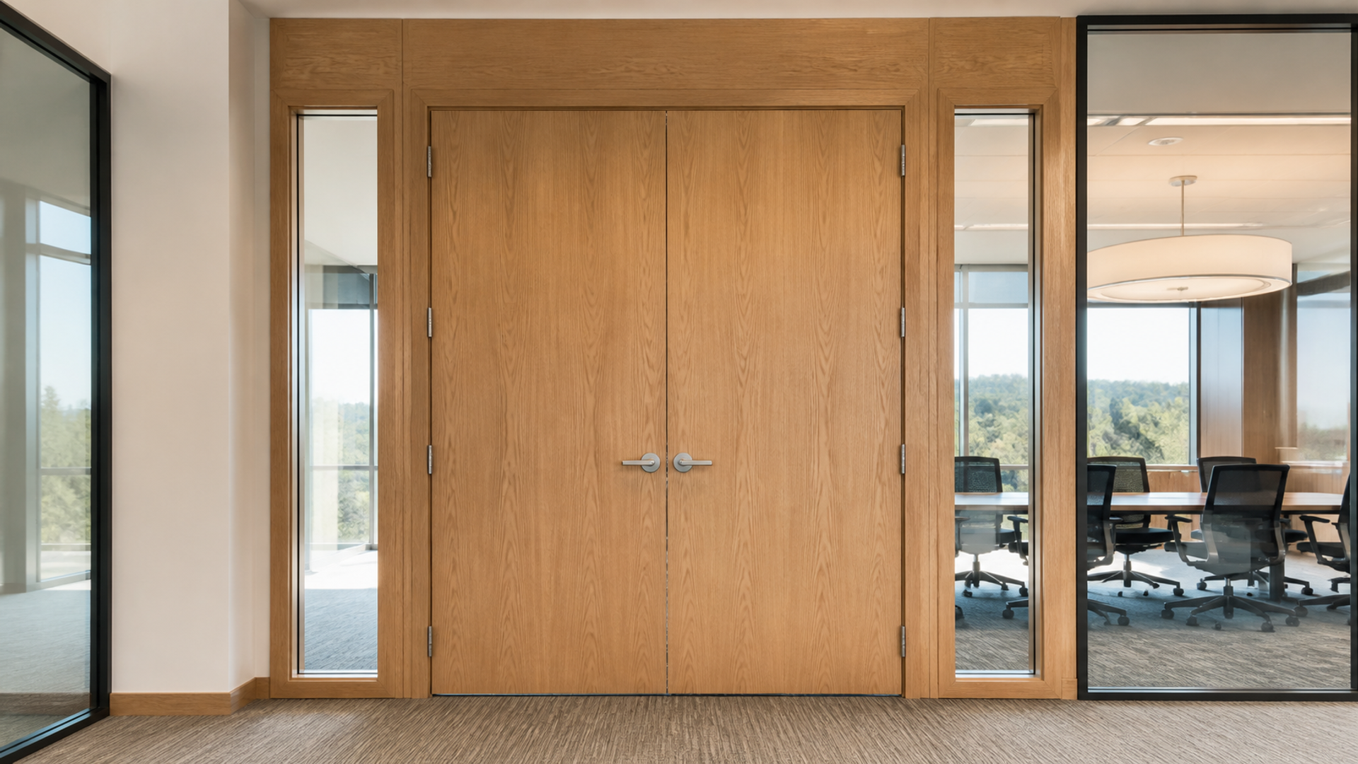 Commercial wood double doors with matching frames and glass sidelights at a conference room