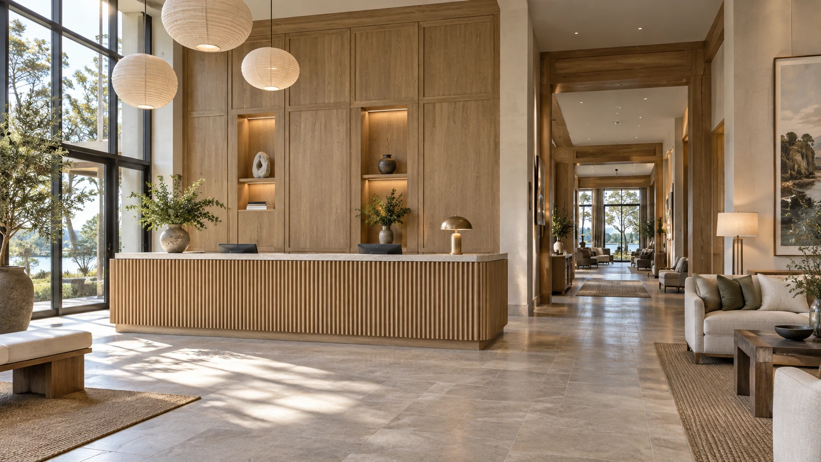 Bright hotel lobby with oak reception counter and paneled walls.