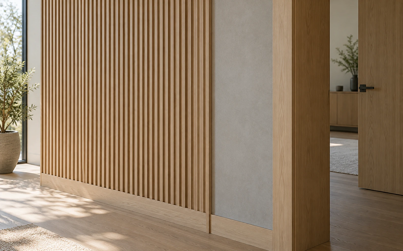 Light wood wall slats meeting a doorway casing and smooth plaster.