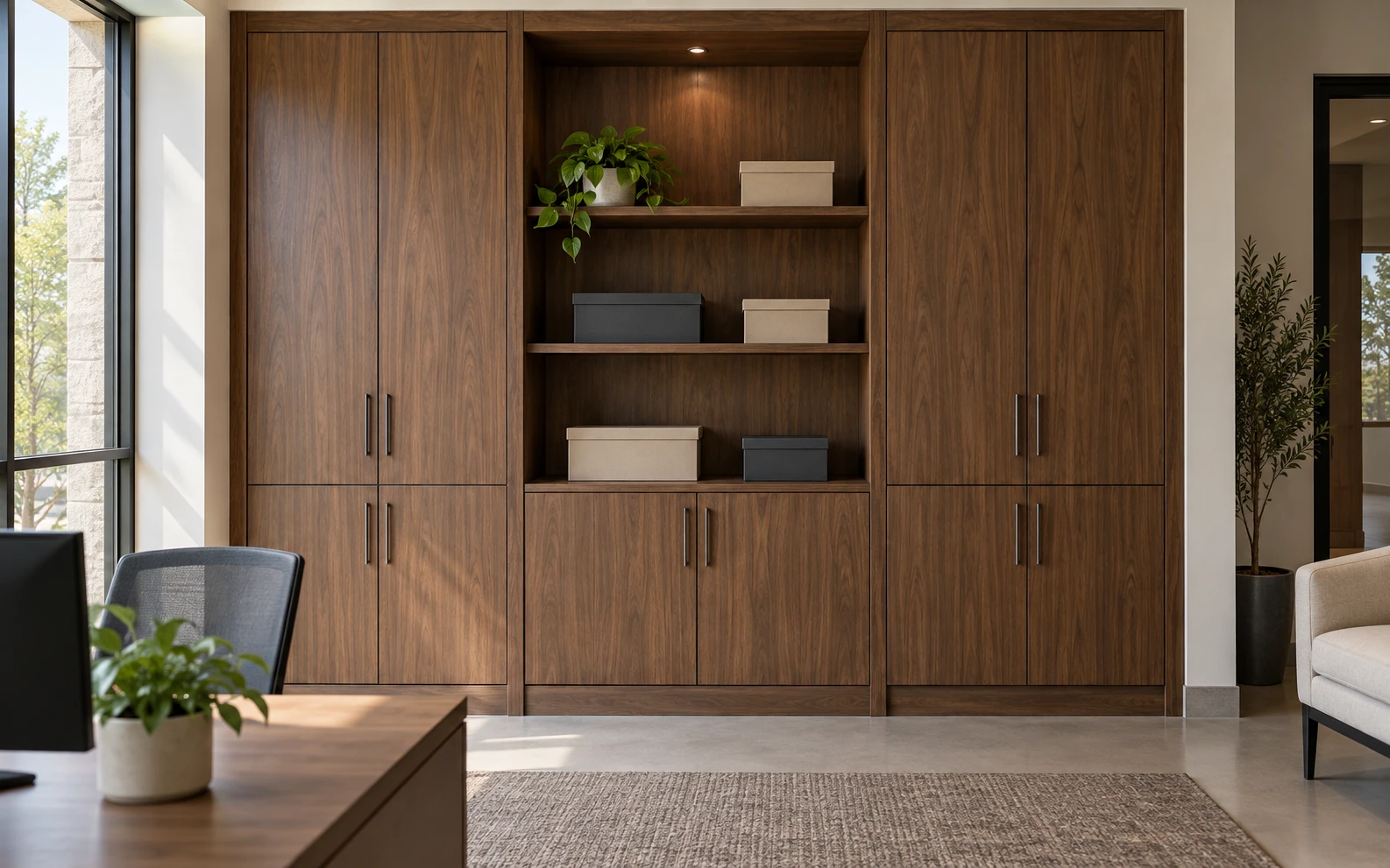 Walnut built-in office storage with tall cabinets and open shelves.