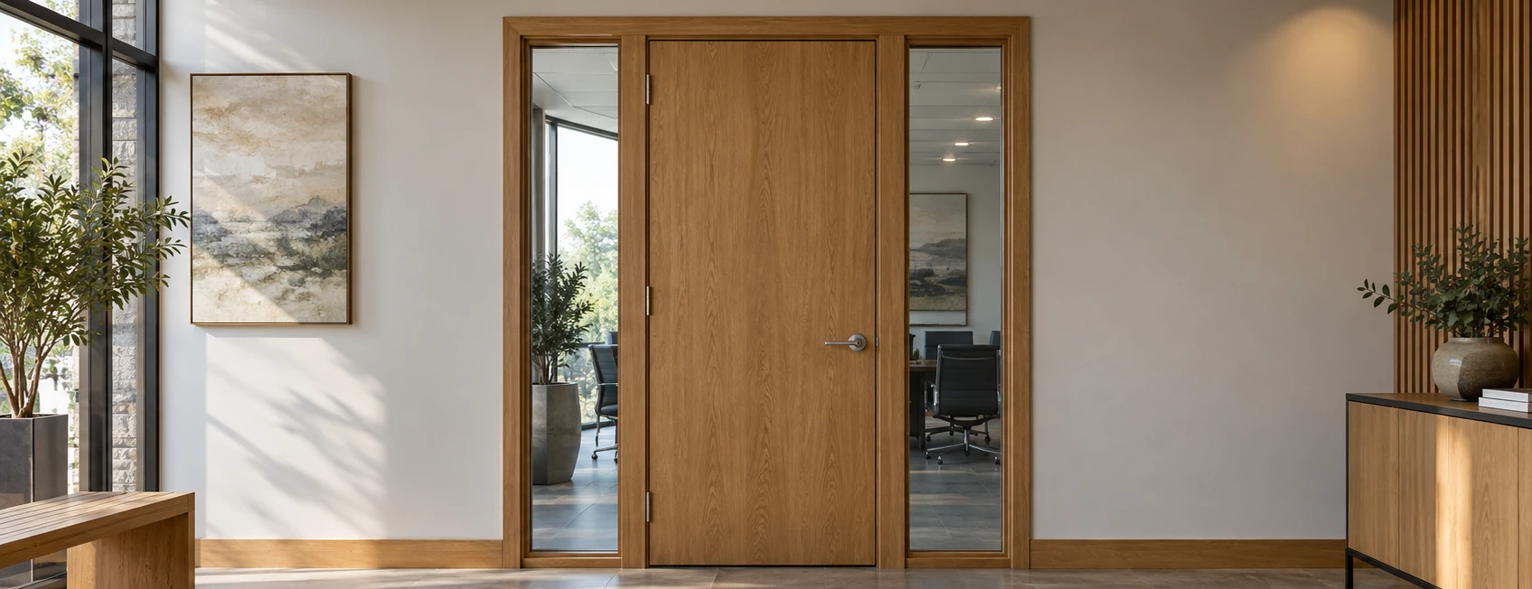 Oak office door and matching frame with glazed sidelights.