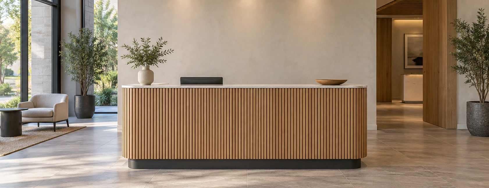Custom wood reception counter with a slatted front and recessed base.
