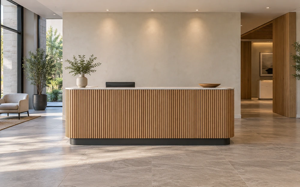 Wood reception counter with a slatted front.