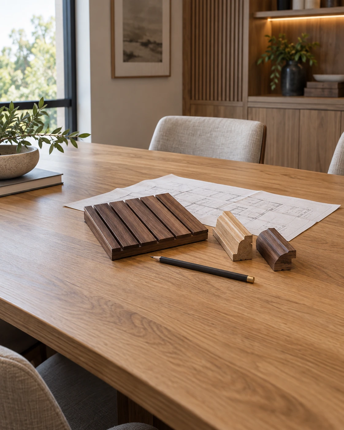 Wood trim profiles and a slatted sample beside drawings and a pencil.