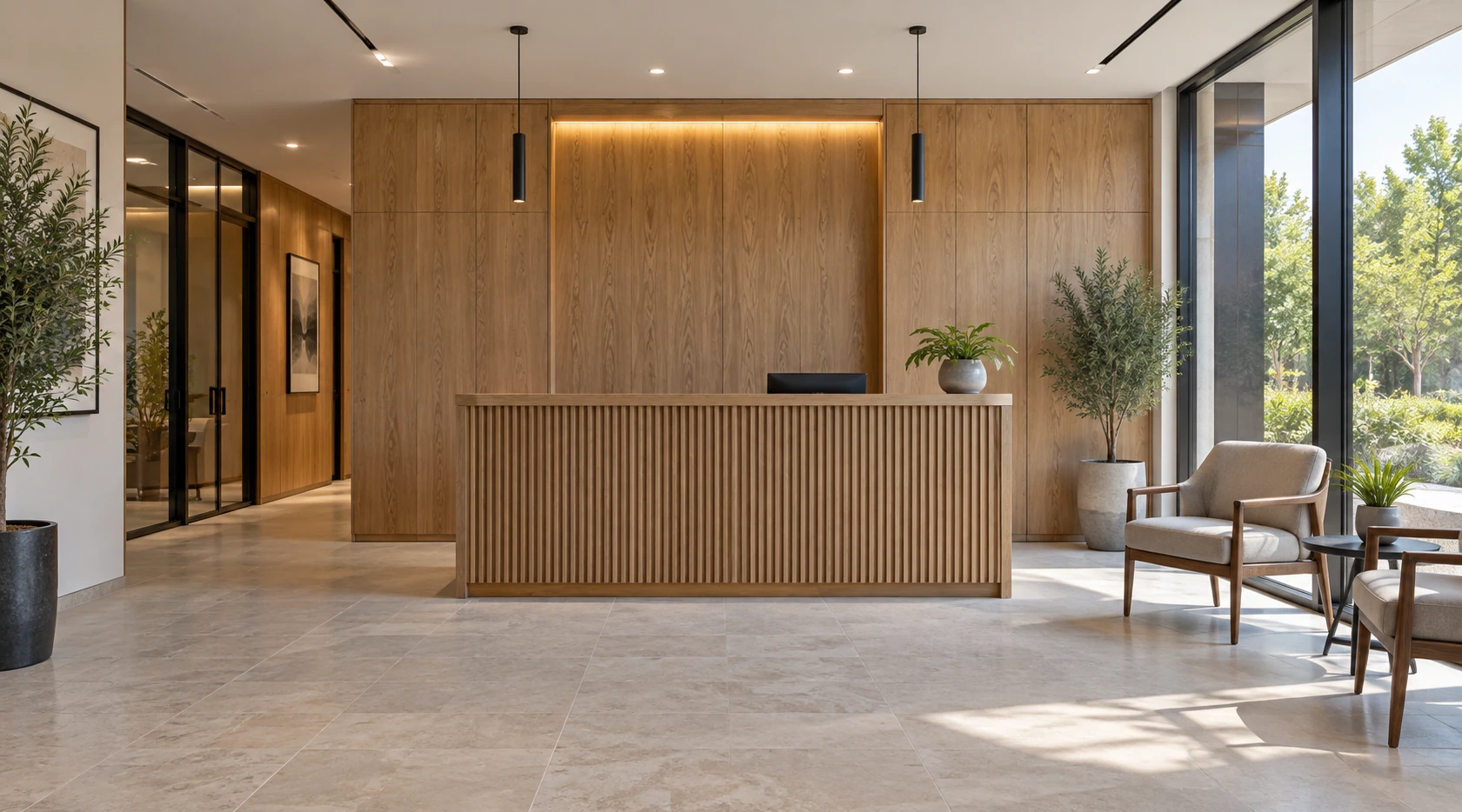 Commercial reception with oak paneling, a wood counter and tall windows.