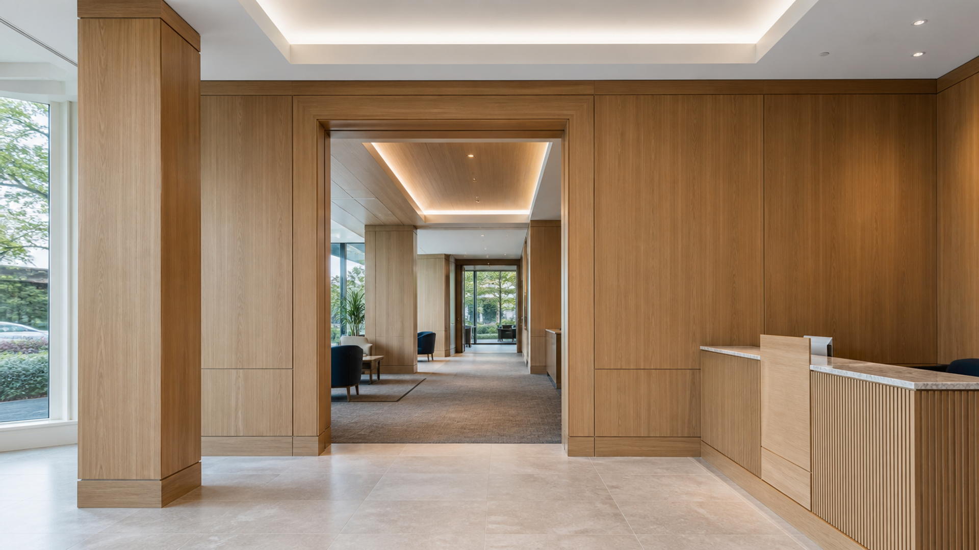 Commercial reception interior with fitted wood wall panels, trimmed opening and slatted desk