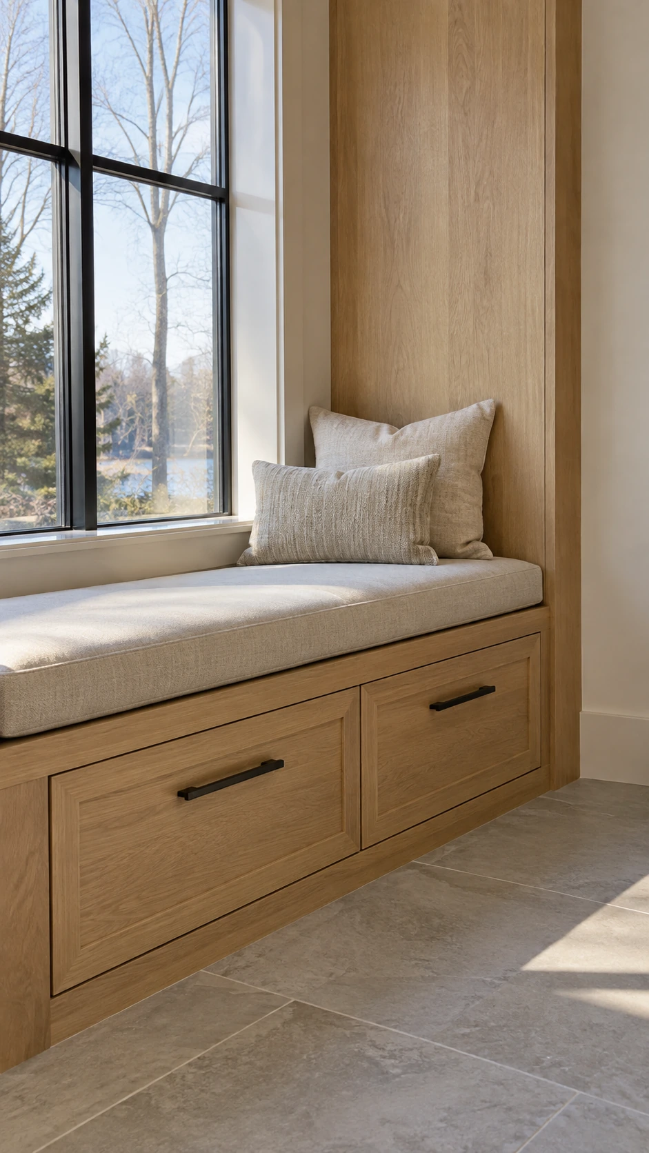Built-in oak window bench with storage drawers and a fabric cushion.