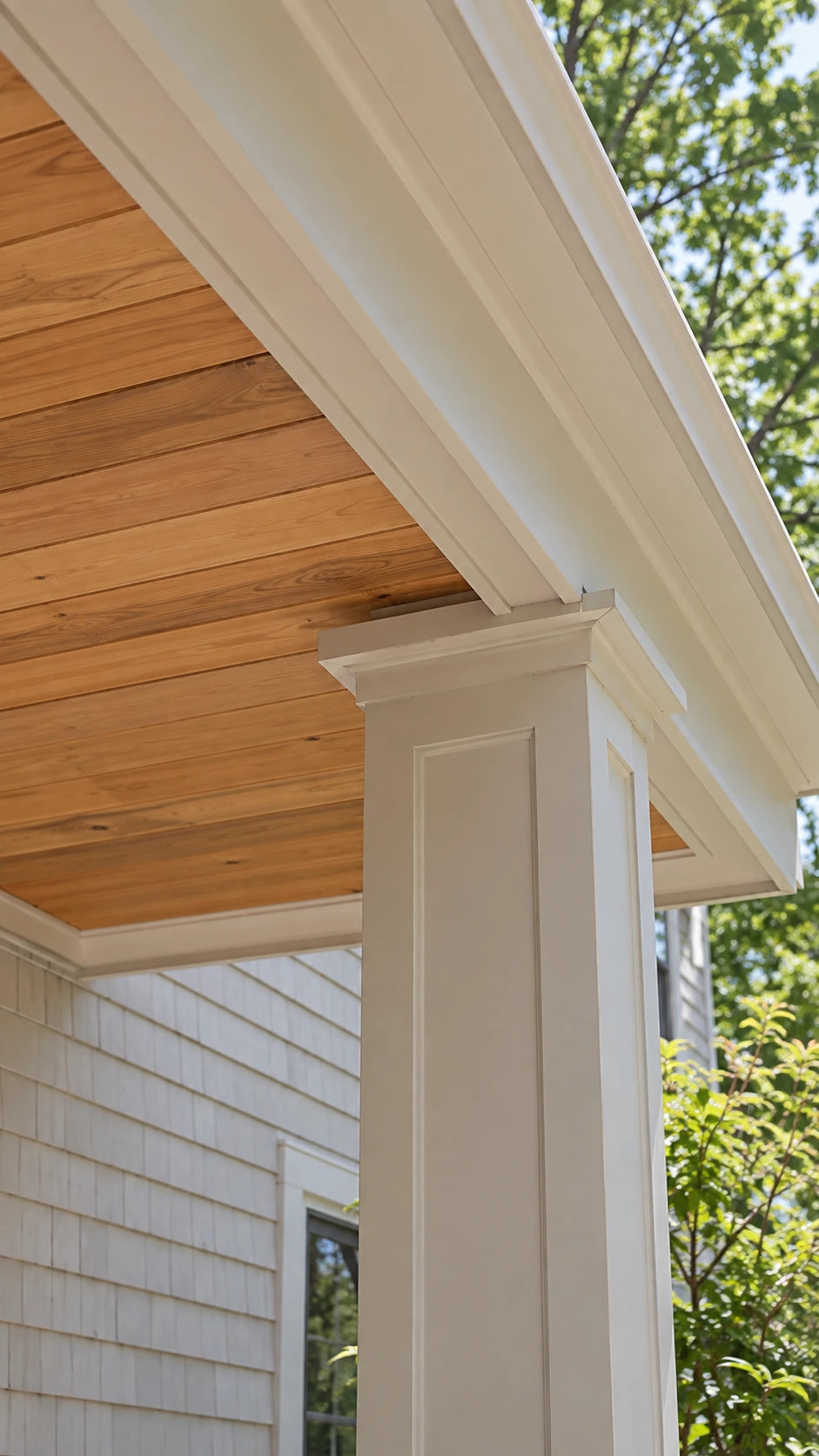 Cedar soffit meeting white fascia and a trimmed porch column.