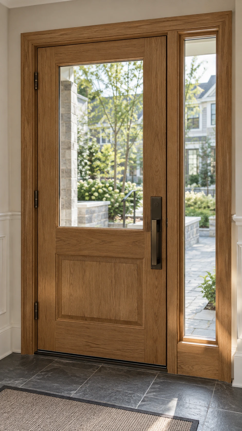 Glazed oak entrance door with matching casing and sidelight.