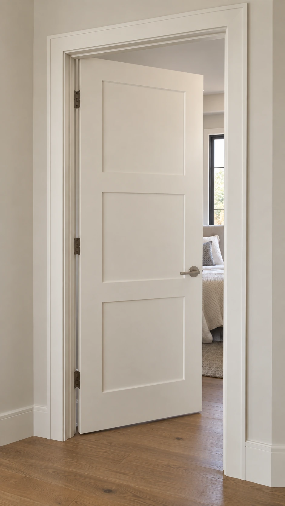 White shaker interior door and matching casing opening into a bedroom.