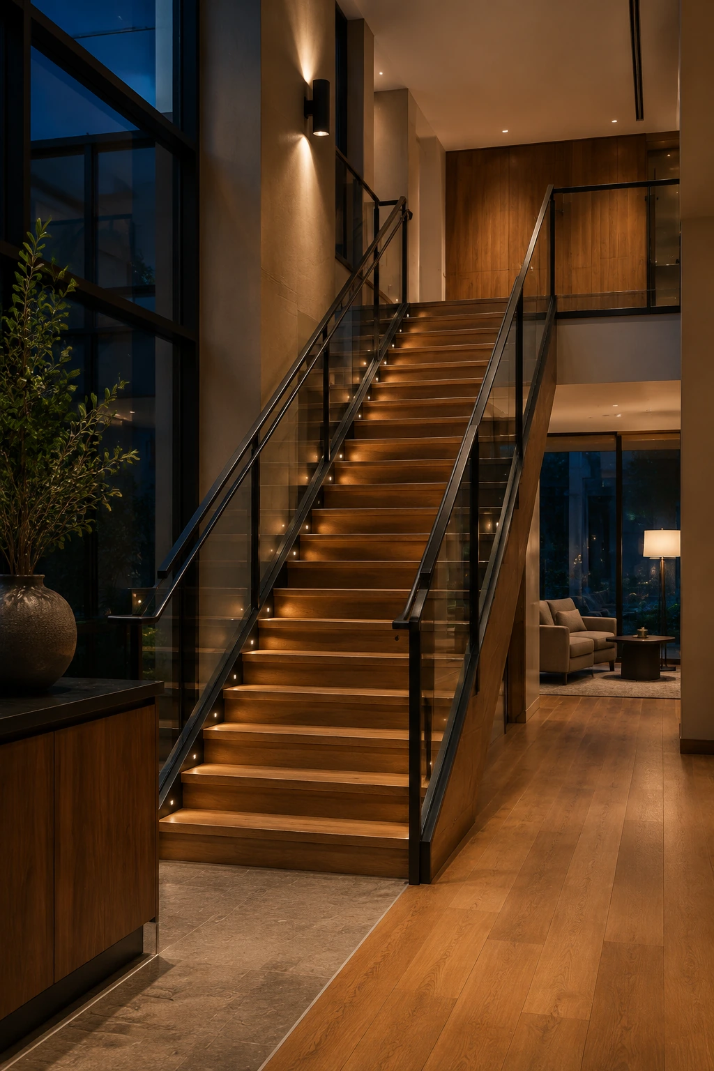 Illustration of a wood staircase with glass railings and warm lighting at night.