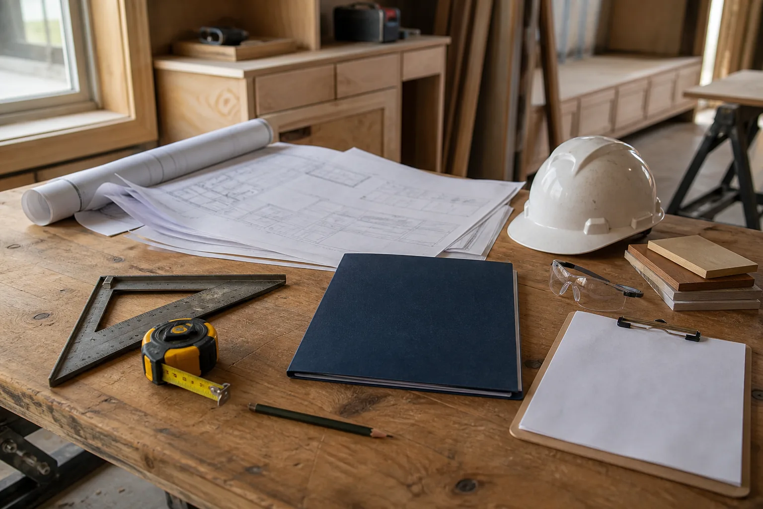 Project drawings, protective equipment and measuring tools arranged on a workbench