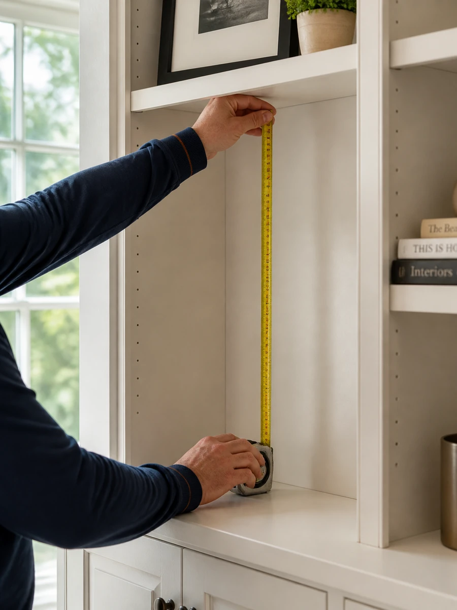 Carpentry planning concept showing built-in shelving measurement.