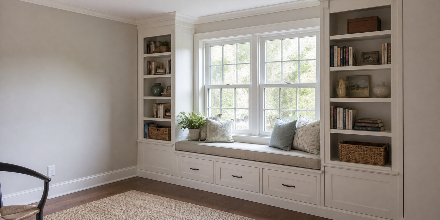 Built-in carpentry concept with shelving, storage, and a window seat.