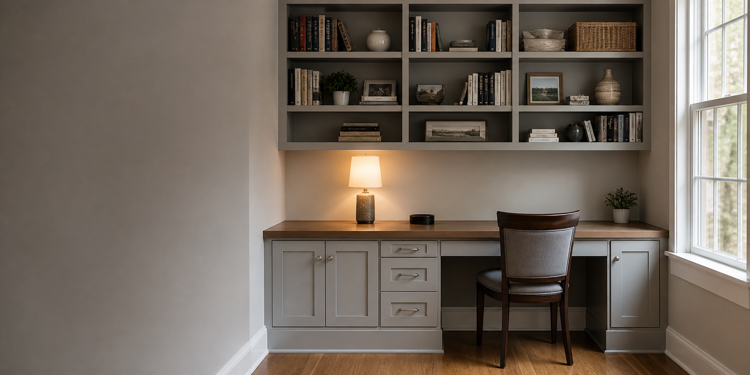 Custom carpentry concept with a fitted home office and wood room divider.