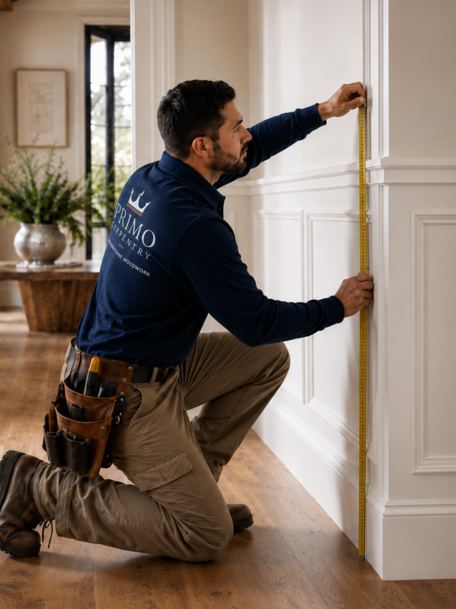 Carpentry planning concept showing wall paneling installation.