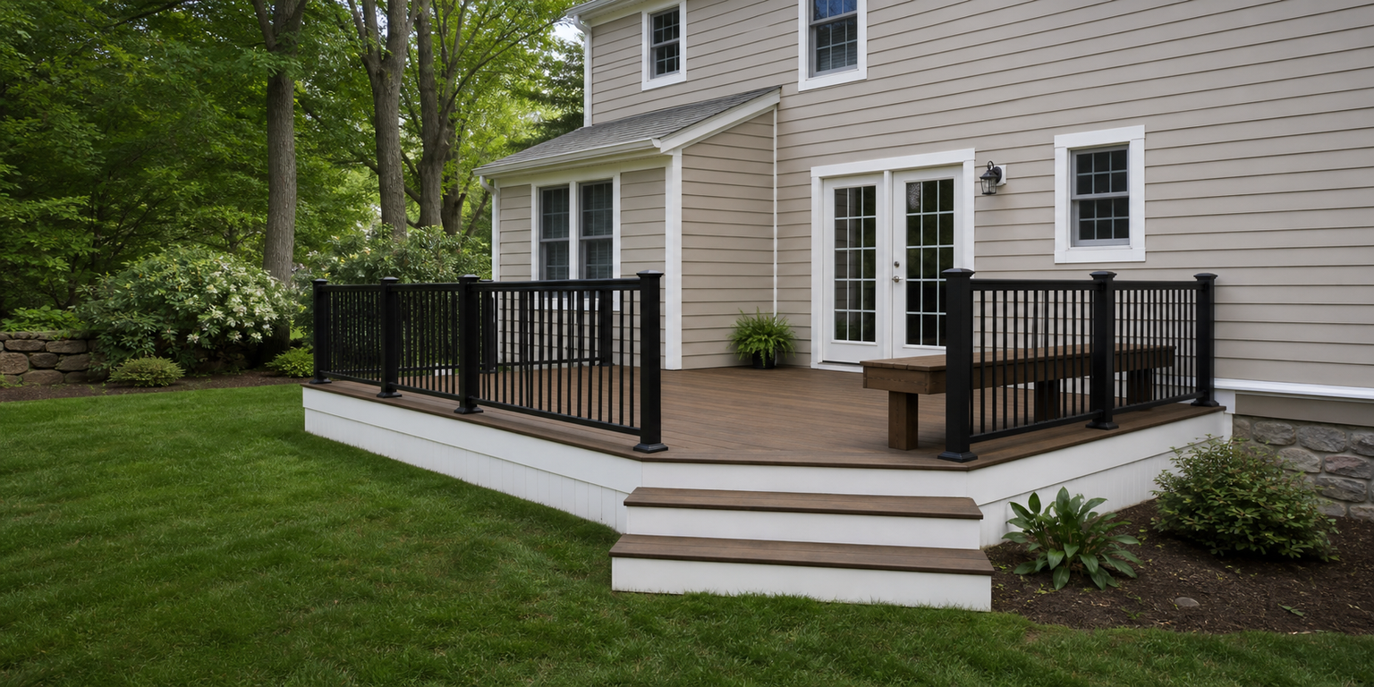 Residential deck carpentry concept with stairs and railings.