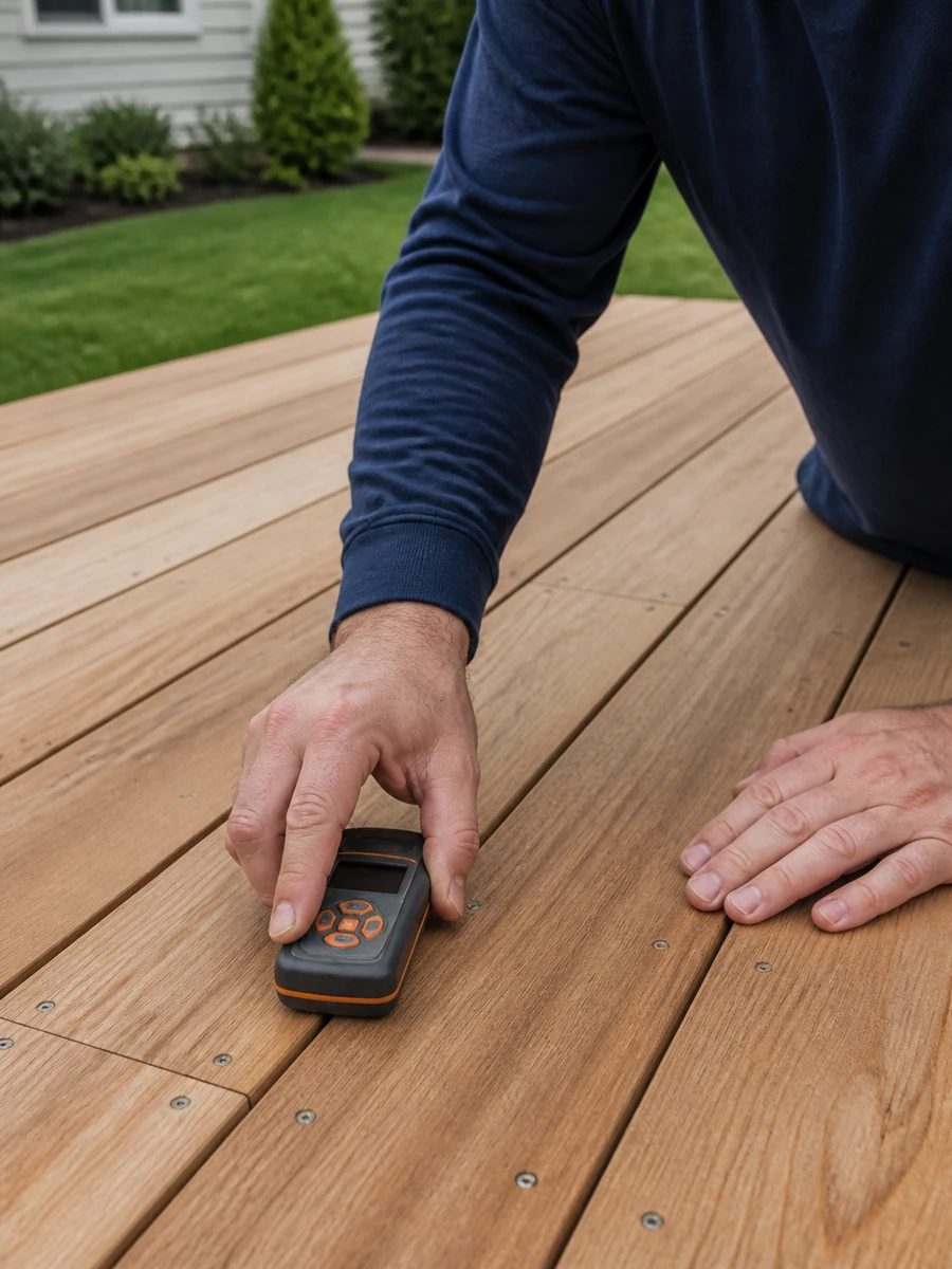 Deck carpentry planning concept showing board fastening.
