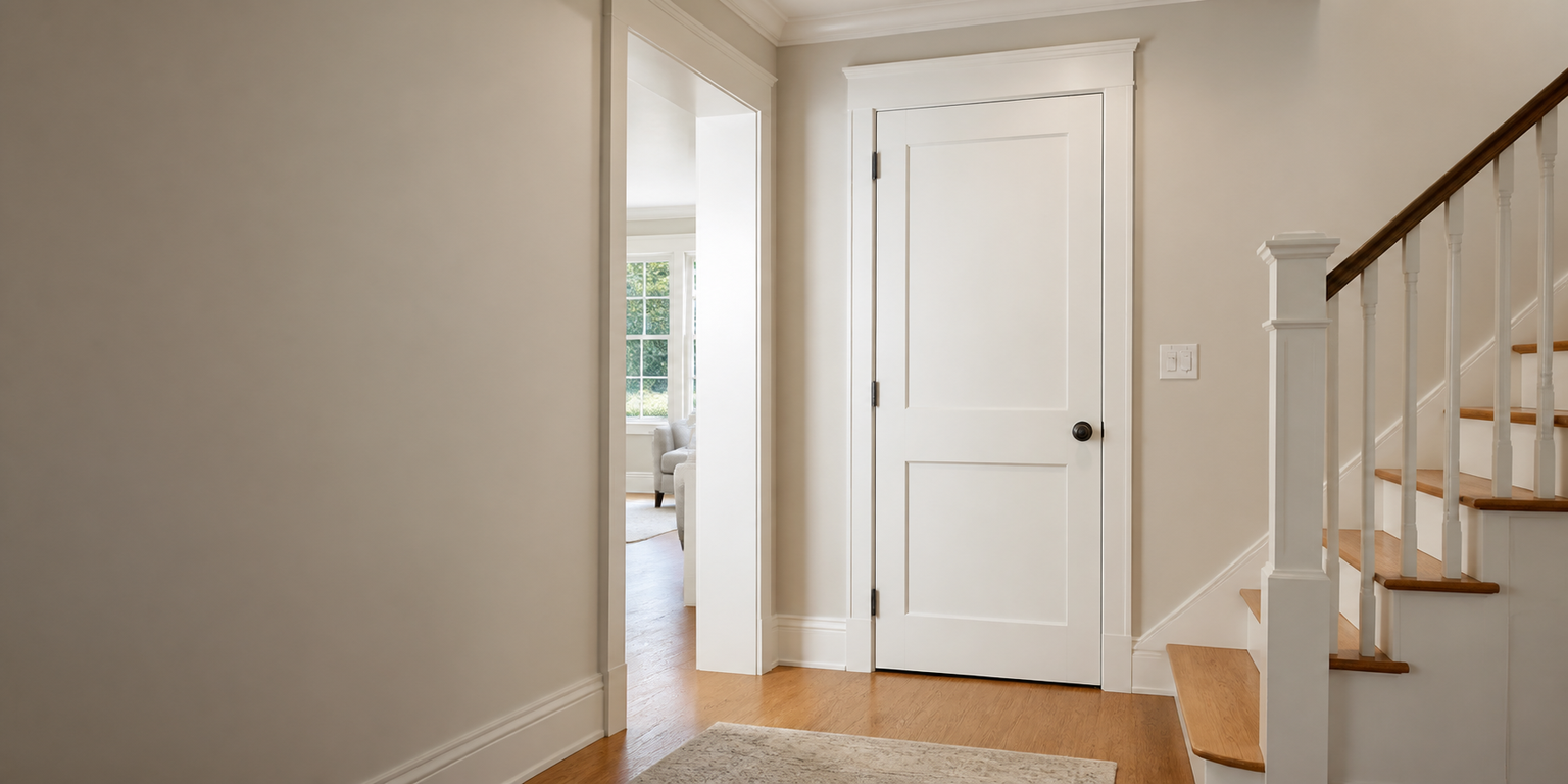 Residential carpentry concept with interior doors, stairs, and railings.