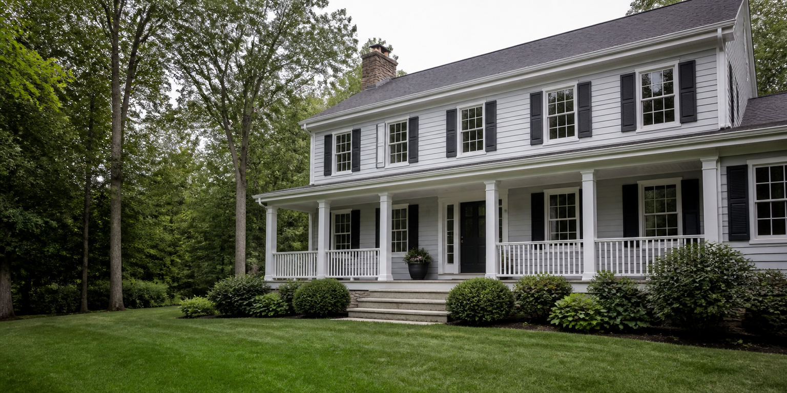 Residential exterior carpentry concept with a front porch and columns.