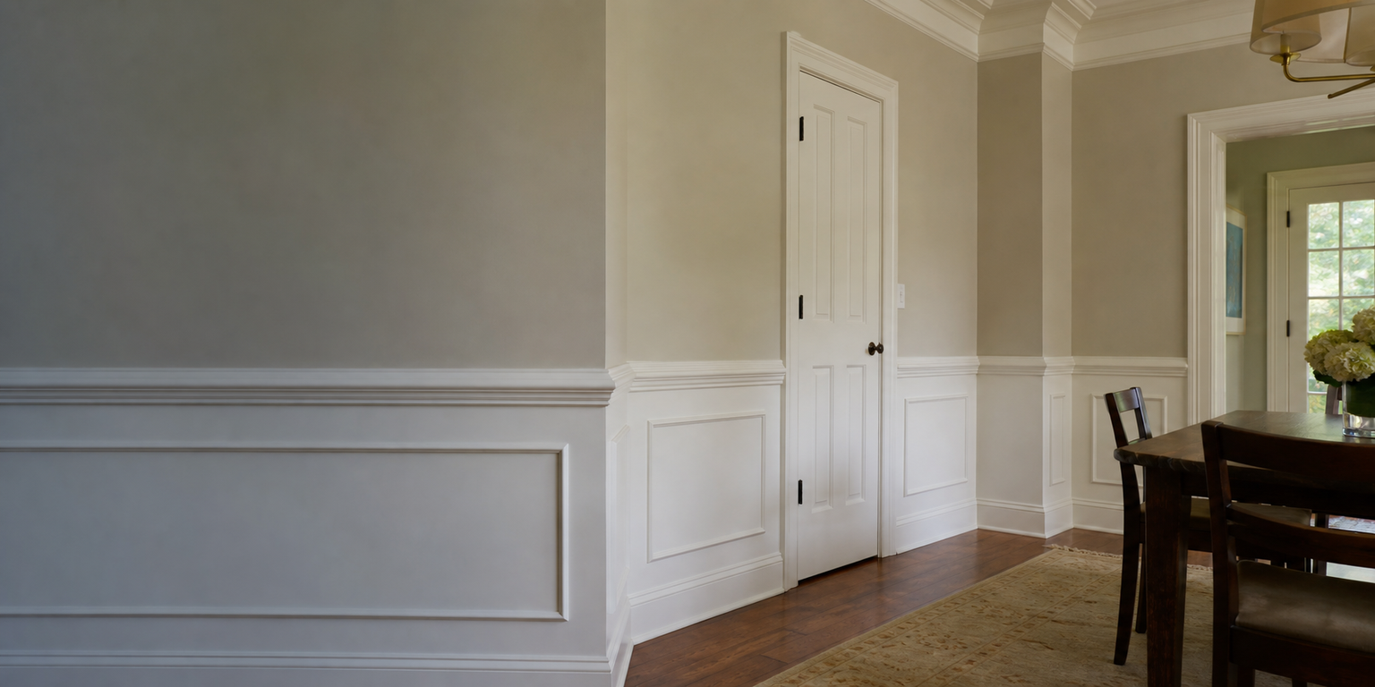 Interior trim carpentry concept with wall paneling and wainscoting.